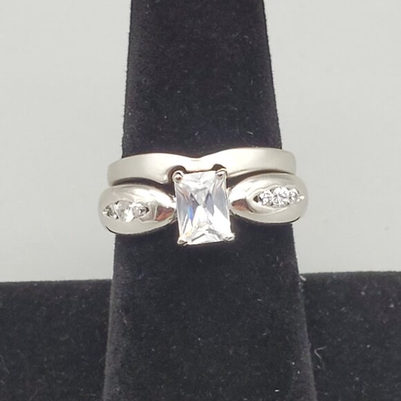 Wedding Band Engagement Ring Set Sterling Silver Size 8 CZ 925 - Picture 1 of 6